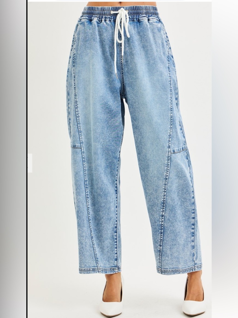 266 Small -3X ❤️RISEN ELASTIC BAND SLOUCHY CROPPED BARREL JEANS SEAM DETAILING